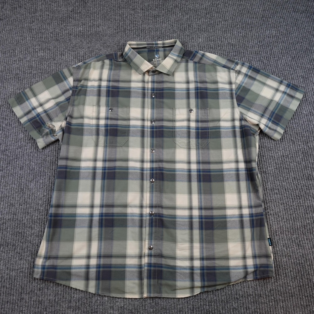 Kuhl Styk Shirt Mens 2XL Green Plaid Short Sleeve Button Up Tapered Fit 7383